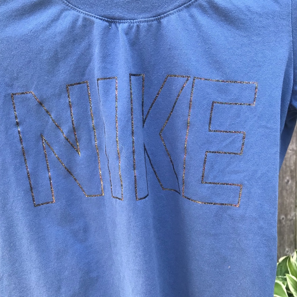 “The Nike” Dri-Fit blue Tee with bling silvery iridescent Nike chest spellout XS